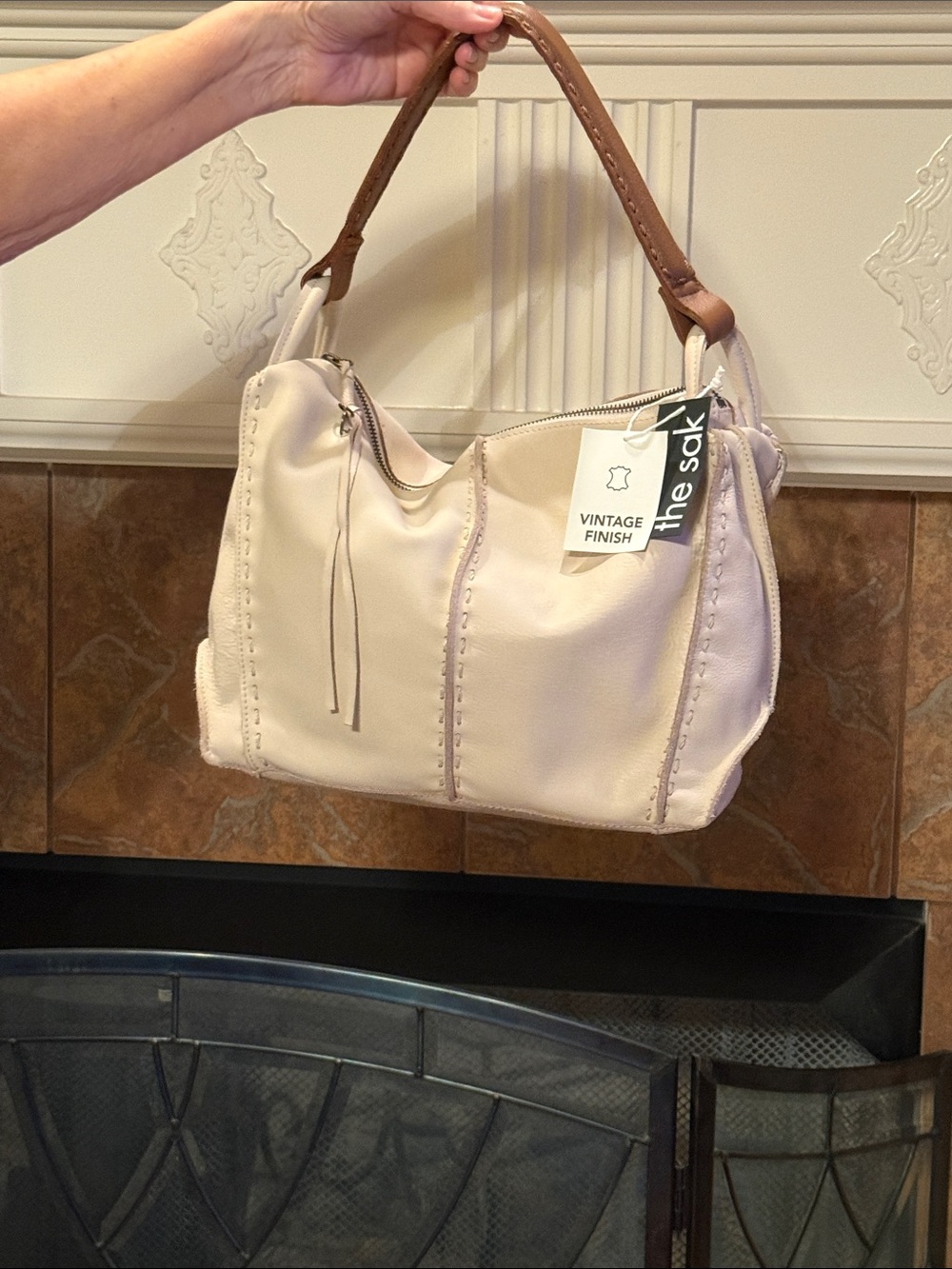 The Sak Cream-White Hobo Bag with Brown Handle